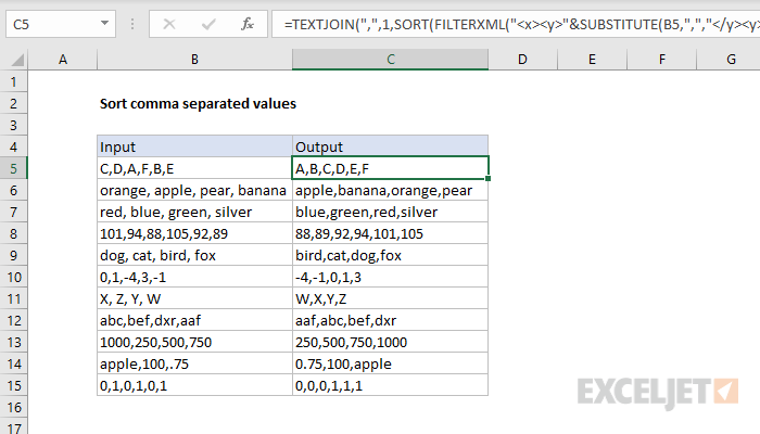 Excel formula: Sort comma separated values | Exceljet