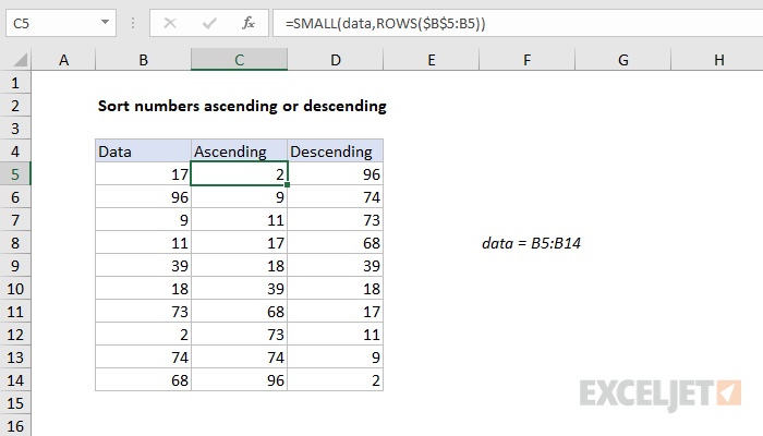 Excel formula: Sort numbers ascending or descending