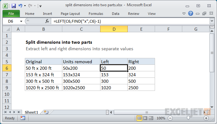 Excel formula: Split dimensions into two parts