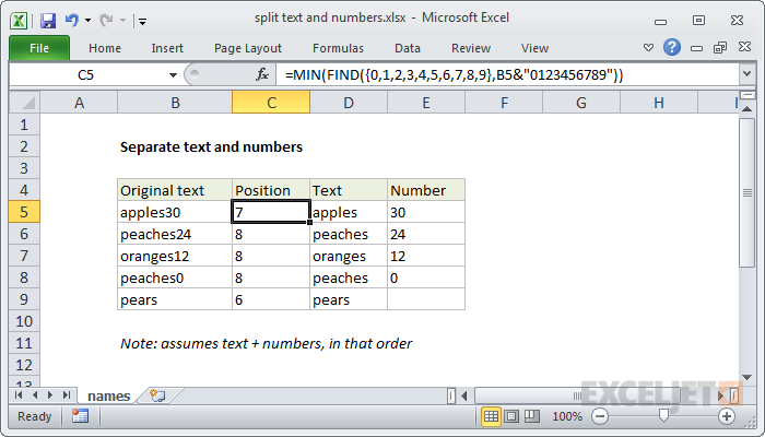 Excel formula: Split text and numbers