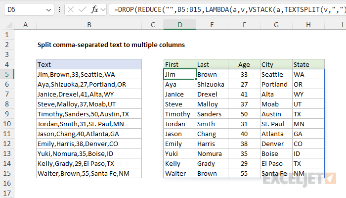 Excel formula: Split comma-separated values to multiple columns