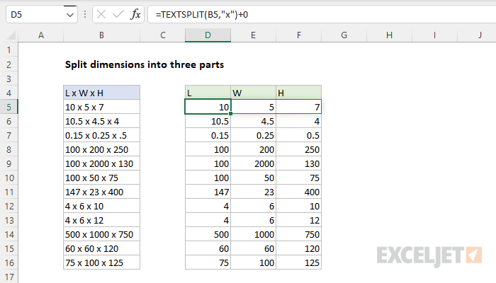 Excel formula: Split dimensions into three parts