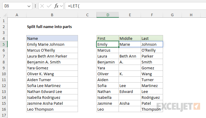 Excel formula: Split full name into parts