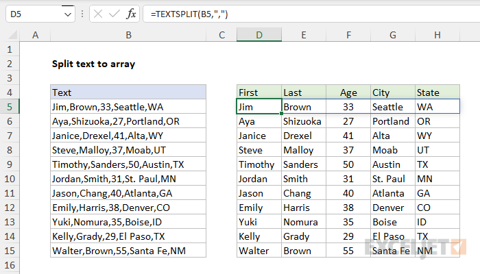 Excel formula: Text split to array