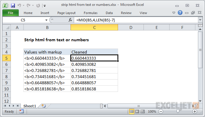 Excel formula: Strip html from text or numbers