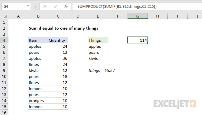 Excel formula: Sum if equal to one of many things