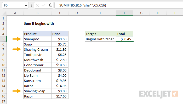 Excel formula: Sum if begins with