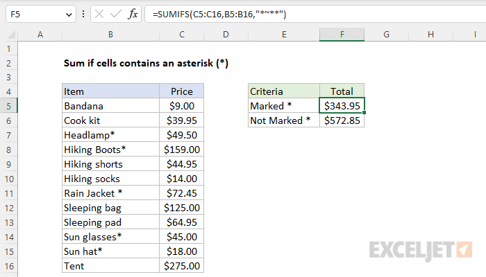 Excel formula: Sum if cells contain an asterisk