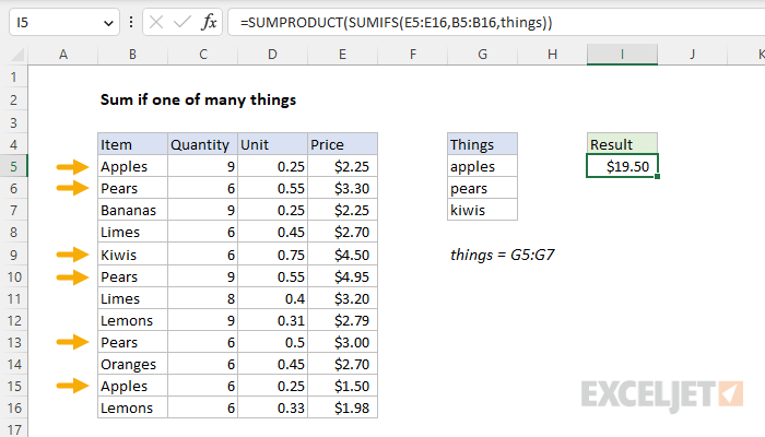 Excel formula: Sum if one of many things