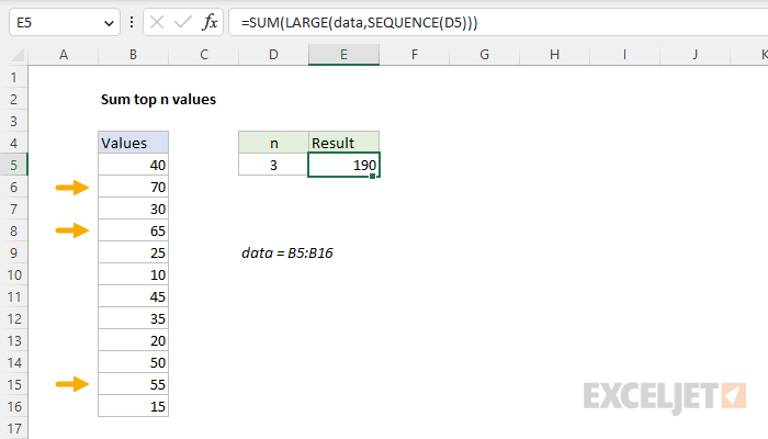 Excel formula to find top 3, 5, 10 values in column or row