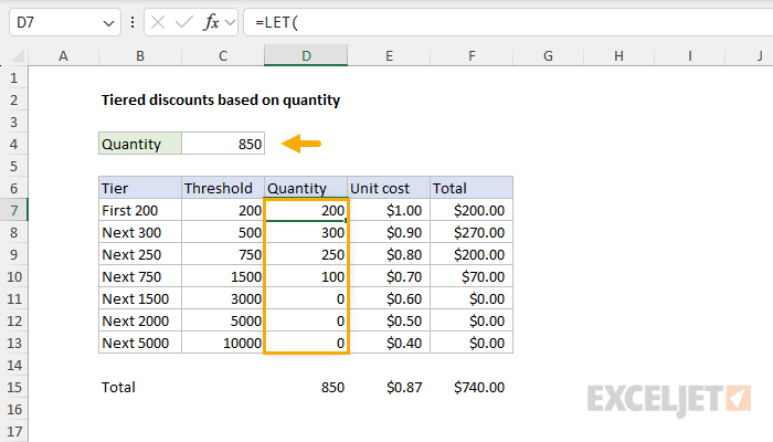 Excel formula: Tiered discounts based on quantity