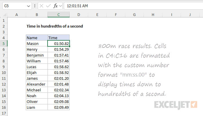 Excel formula: Time in hundredths of a second