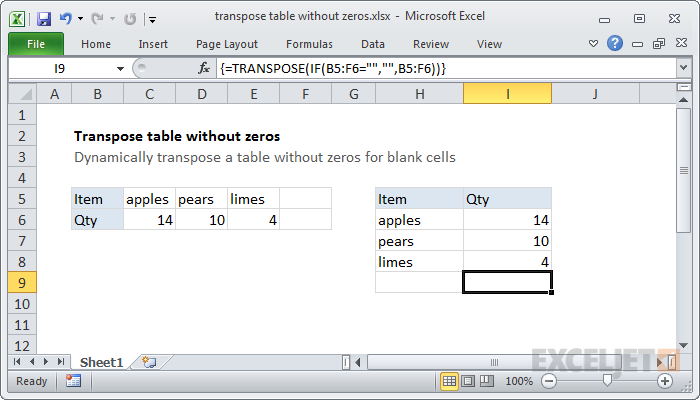 Excel formula: Transpose table without zeros