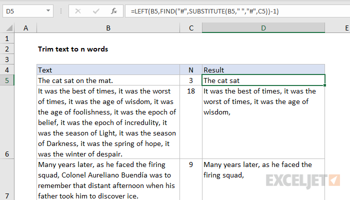 Excel formula: Trim text to n words