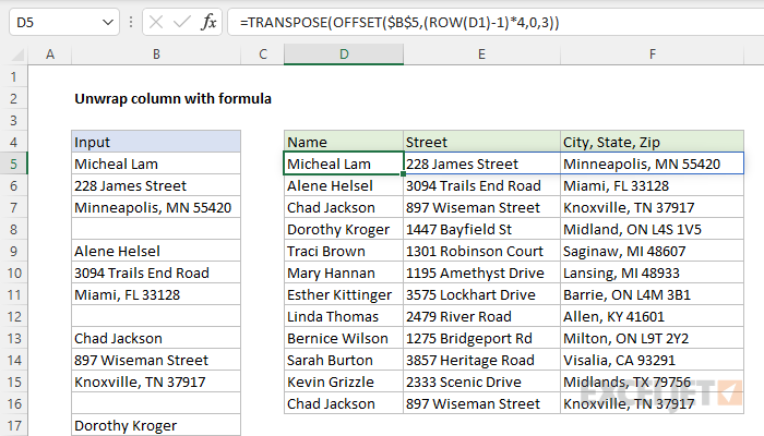 Excel formula: Unwrap column into fields