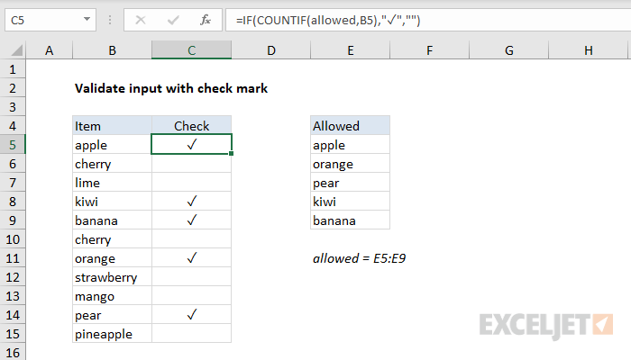 Excel formula: Validate input with check mark