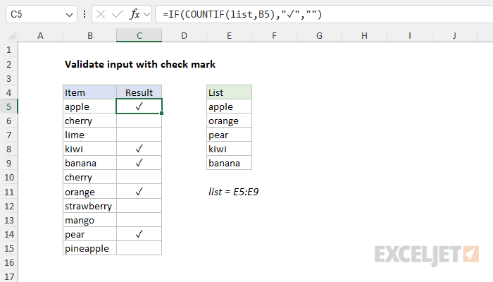 Excel formula: Validate input with check mark