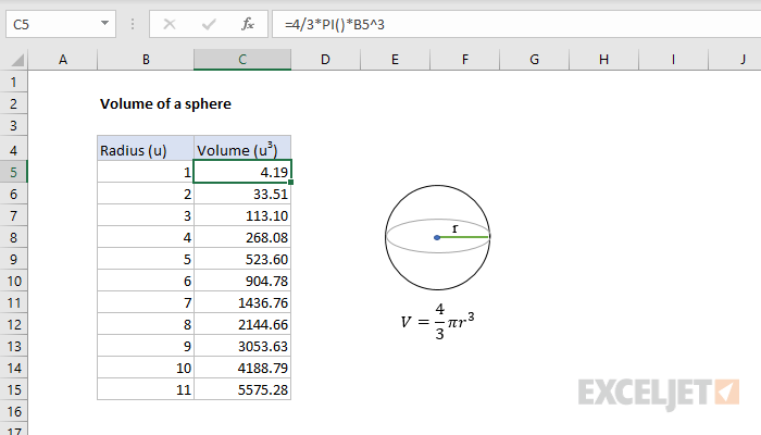 Excel formula: Volume of a sphere