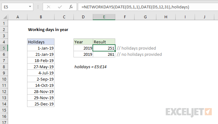 Excel formula: Working days in year