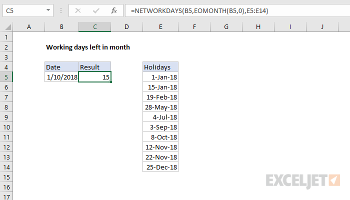 Excel formula: Working days left in month