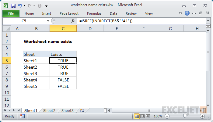 Excel formula: Worksheet name exists