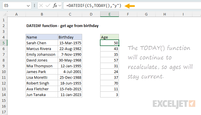 DATEDIF function example - get age from birthday