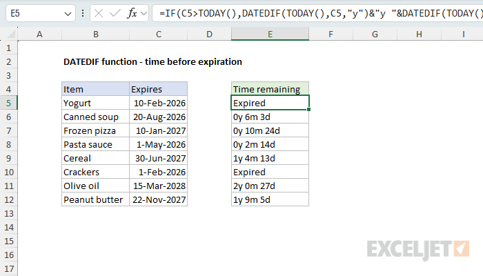 DATEDIF function example - time before expiration