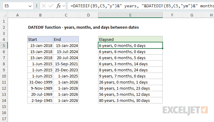 DATEDIF function example - years, months, and days
