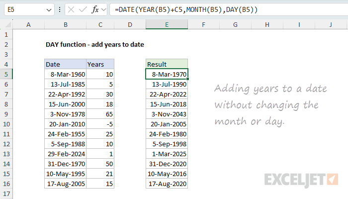 DAY function example - add years to date