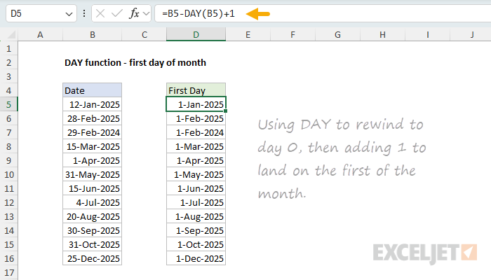 DAY function example - get first day in month