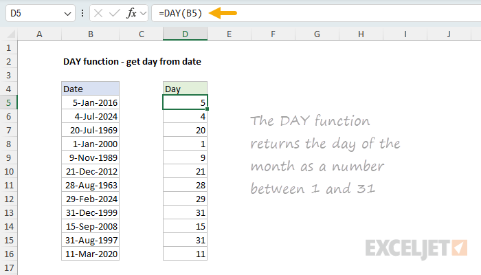 DAY function example - get day from date