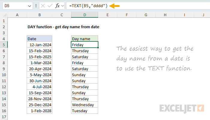 DAY function example - get day name