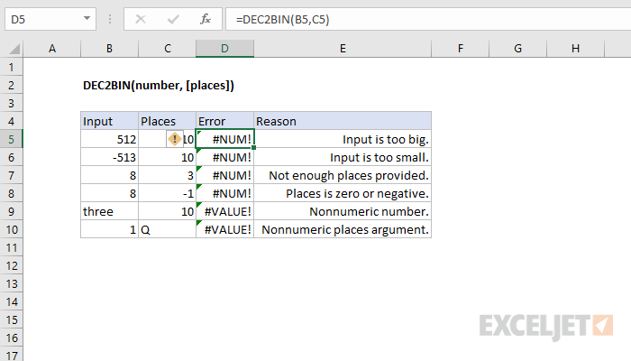 DEC2BIN error examples