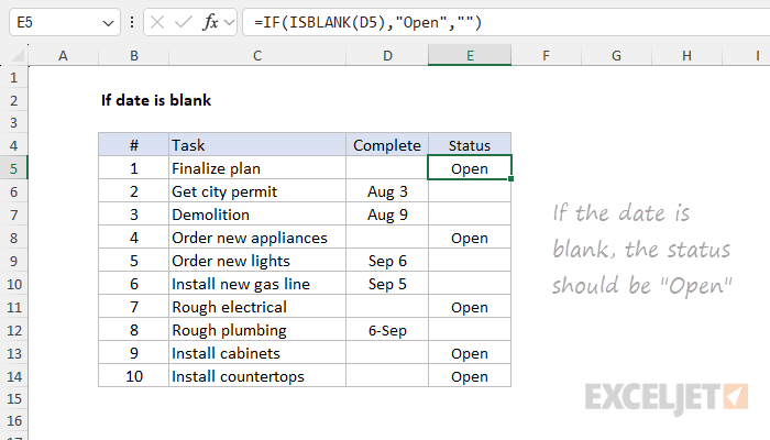 ISBLANK example - if date is empty task is open