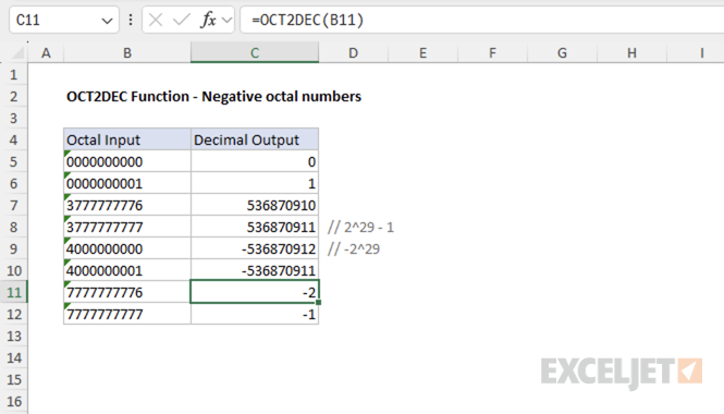 OCT2DEC function negative octal numbers in Excel, showing octal 7777777776 converting to decimal -2