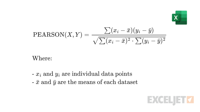 Mathematical formula for the Excel PEARSON function