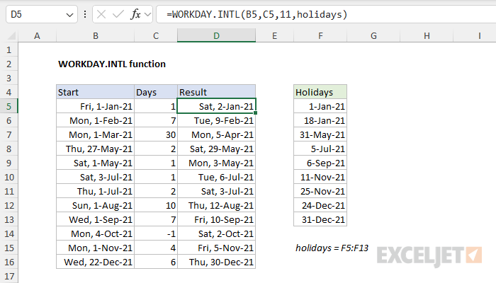 WORKDAY.INTL function worksheet example