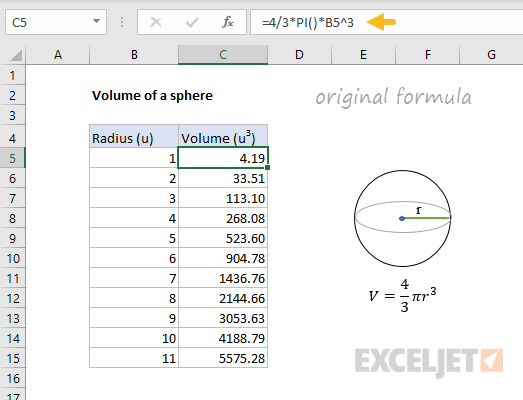 Standard Excel formula for volume of sphere