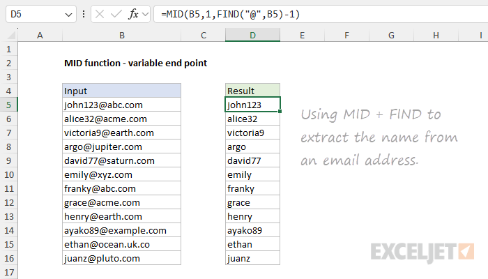 MID function example - extract name from email address