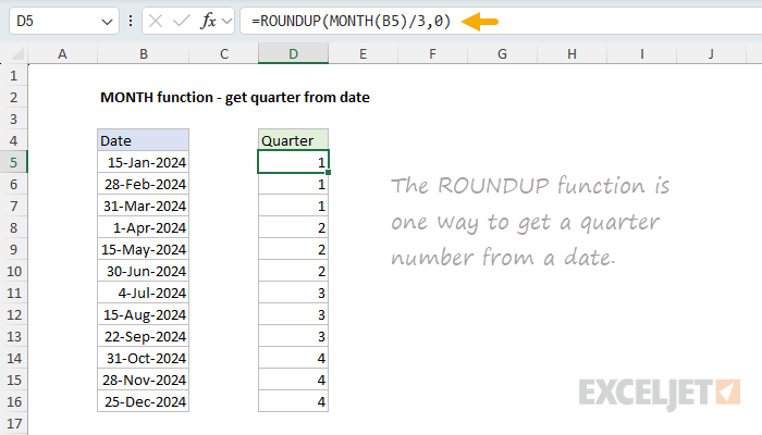 MONTH function example - get quarter from date