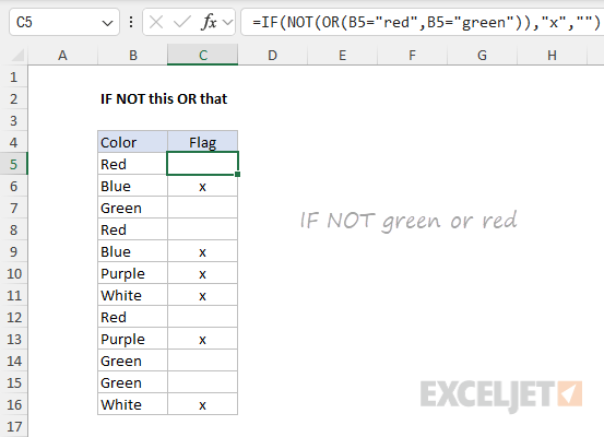 The NOT function with IF - if not "red" or "green"