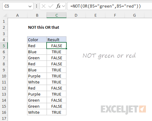 The NOT function with OR - not "red" or "green"