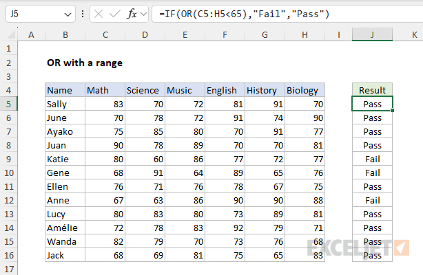 Using the OR function with a range of values