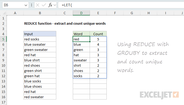 REDUCE function to extract and count unique words