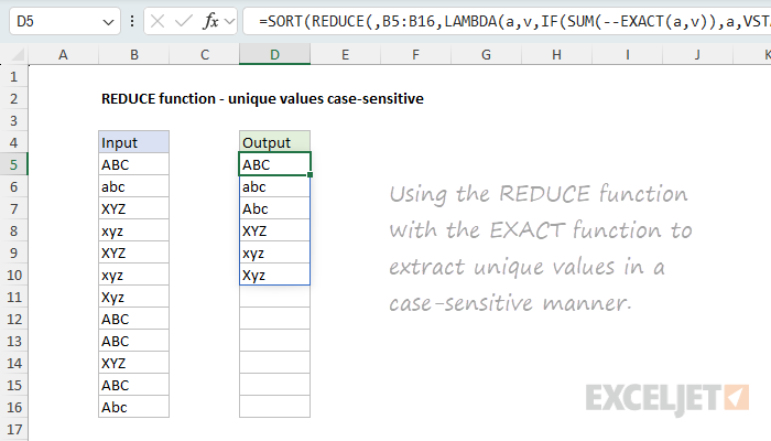 REDUCE function to extract unique values case-sensitive