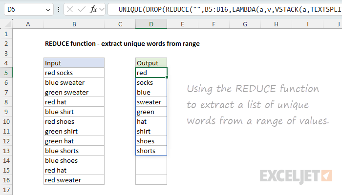 REDUCE function to extract unique words from a range