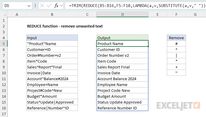 REDUCE function to remove unwanted text