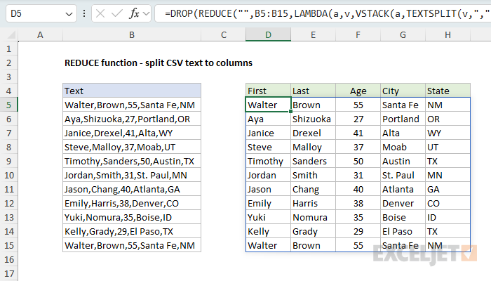 REDUCE function to split comma-separated values