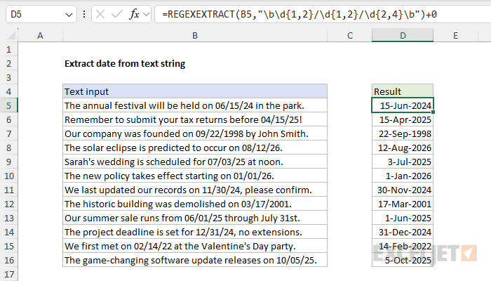 Regexextract example - extract dates from text strings