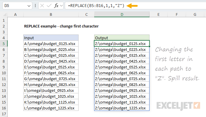 REPLACE example - change first letter in each path to "Z"